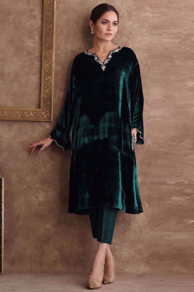 Buy Party Wear Velvet Dark Green Trouser Suit LSTV113228