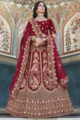 Maroon Velvet Embroidered Bridal Lehenga Choli 237168