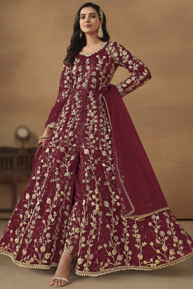 Mabish by sonal jain maroon embellished anarkali shop