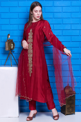 Maroon Tissue Suit with Dabka Zardozi & Pearl Work – Festive Elegance main image 0