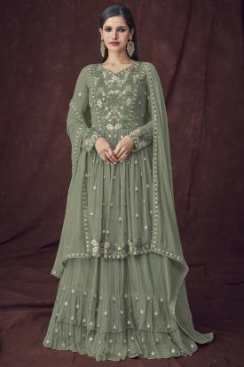 Camicia Lunga Verde Salvia E Lehenga Da Sposa, Set Matrimonio Pronto, Ricamato