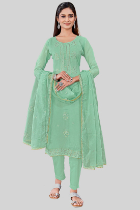 Mint Green And Black Digital Printed Chanderi Cotton Unstiched Suit Material main image 0