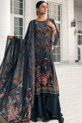 New Stylist Charcoal Grey Crepe Printed Palazzo Suit LSTV122928