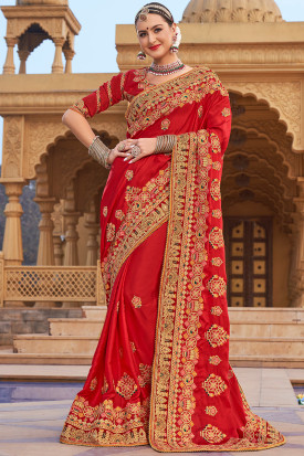 Best Seller Cherry Red Wedding Wear Stone Embroidered Saree in Silk SARV155404