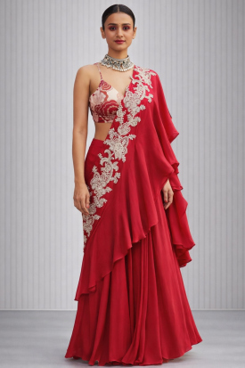 white christmas dresses Red Saree Dress – Hafsa Malik main image 0