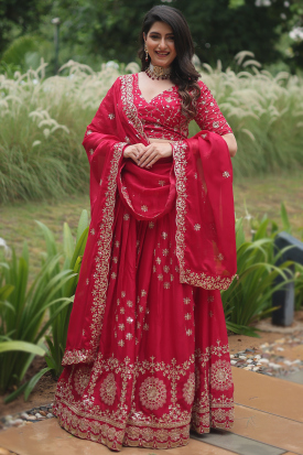 Red Mulberry Silk Sequins Embroidery Lehenga - Rent