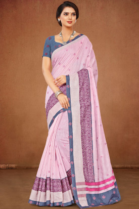 Dusty Pink Handloom Saree With Cotton Blouse