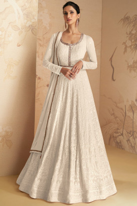 Grey Beige Georgette Embroidered Anarkali Suit