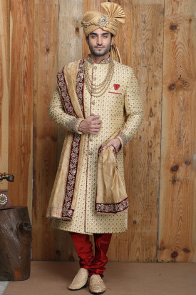 Buy Cream Colour Silk Sherwani For Groom Online MSTV00172