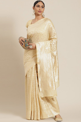 買取り実績  Blended Silk Cream Trendy Woven Saree|SARV133112 Zari スーツ・フォーマル・ドレス