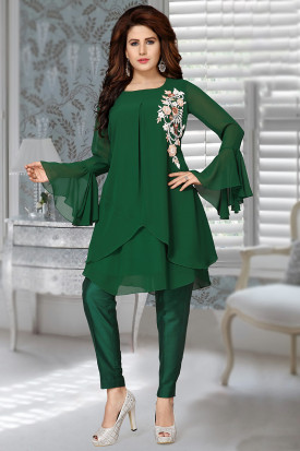 Dark Green Georgette Embroidered Short Kurti LKV001652