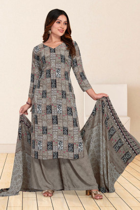 Dark Grey Printed Casual Wear Crepe Palazzo Suit