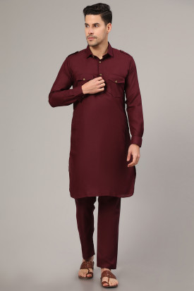 Dark Maroon Cotton Plain Straight Cut Men s Kurta Pajama