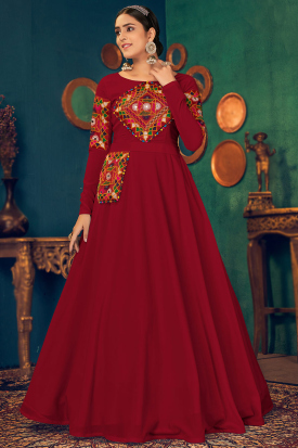 Embellished Patch Work Embroidered Deep Red Gown LSTV112490