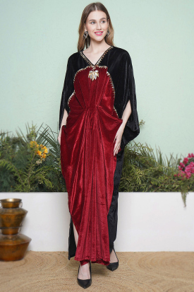 Deep Red Velvet Indo-Western Gown With Sequins Work - LSTV136467
