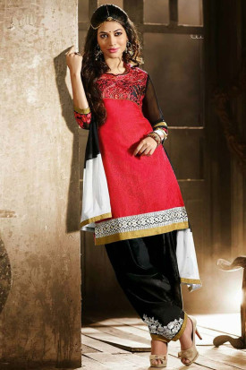 Pink Cotton Silk Churidar Suit and Black White Dupatta Quarter Sleeve Kameez Hip Length Kameez U Neck Kameez