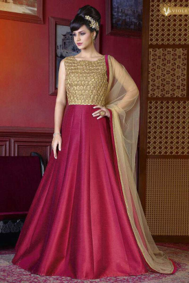Misssone Silk Gown Dress Golden And Dark Pink Color Online - Dmv15153