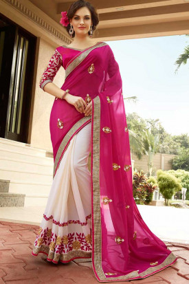 Dark pink with off white Georgette Saree With Satin Blouse