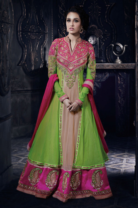 slim fit dress slacks Parrot Green and Magenta Silk Long Gown