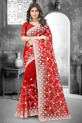 ed Net Saree with Resham Stone and Thread Work Blouse Set