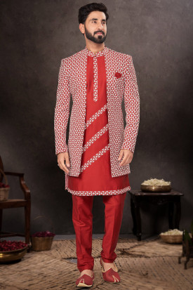 Kurta pajama with red jacket top