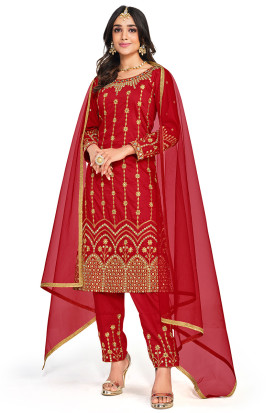 Buy Red Rayon Mirror Work Straight / Trouser Suits Online for Women in USA