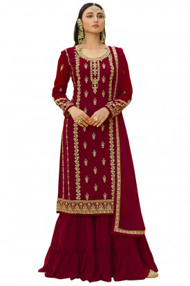 Georgette Embroidery Sharara Suit In Dark Maroon Colour SM5540064