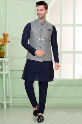 Embroidered Light Grey Silk Men s Waist Coat MWCV0212