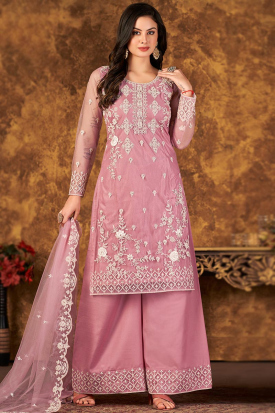 Net Dusty Mauve Ceremonial Embroidered Palazzo Suit main image 0