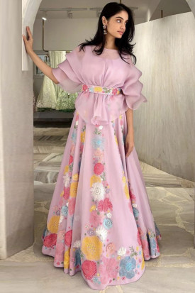 Embroidered Organza Lavender Pink Indo Western Lehenga LLCV114008