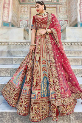Online Embroidered Velvet Multi Color Bridal Lehenga LLCV113303