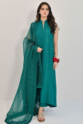 Andaaz Fashion Women's Emerald Green Soft Silk Trouser Suit with Sequins for Mehndi