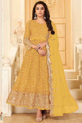 Trendy Indian Eid Anarkali Suit in Yellow Embroidered Fabric