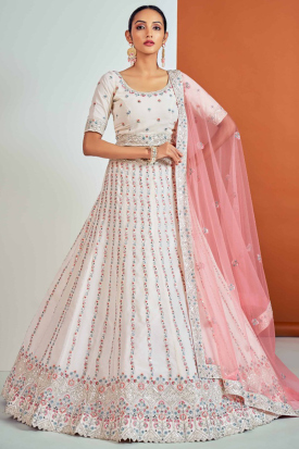 Festival Wear Cream Beige Embriodered Georgette Lehenga LLCV115989