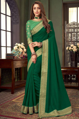 Plain Pistachio Green Silk Party Wear Saree for Eid