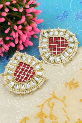 Gold Plated Deep Red Kundan Stone Stud Earrings JER00118