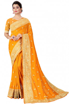 Embroidered Silk Mustard Yellow Saree