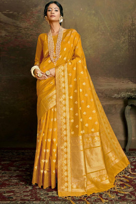 Silk Saree in Trombone Yellow colour for Party