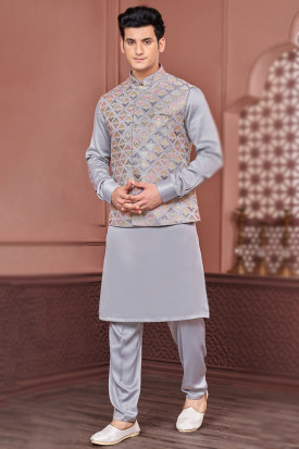 Light Grey Silk Men s Kurta Pajama With Embroidered Waist Coat