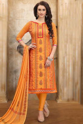 Urban Fashion Churidar Legging Suit in Orange Embroidered Fabric