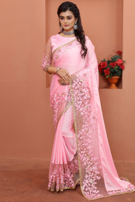 Dori Work Embroidered Soft Silk Light Pink Saree