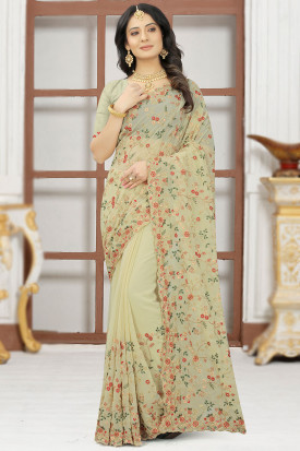 Yellow Embroidered Readymade Saree In Georgette 5667SR07