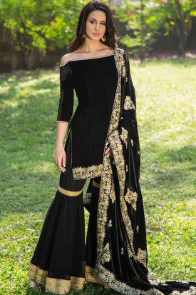 Black salwar suit with orange dupatta online