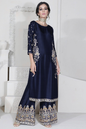 Buy Blue Raw Silk Pakistani Wedding Clothing Online for Women in USA