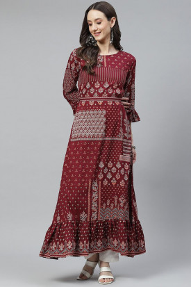 Maroon Cotton Frock Style Kurti