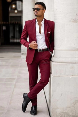 Plain Cherry Red Men s Cotton Silk Coat Pant MCP39 Andaaz Fashion