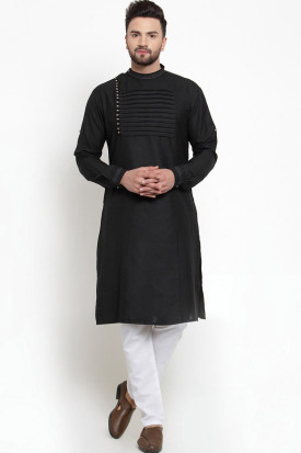Buy Men Plain Black and White Kurta With Pajama Online