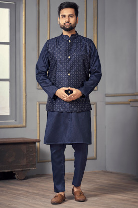 Blue kurta and waistcoat shop
