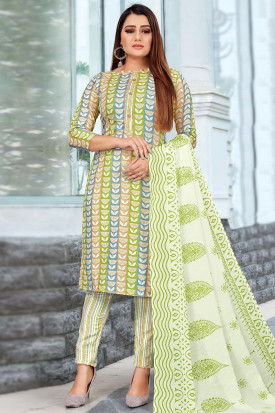 Multicolour Printed Cotton Stitched Suit Set With Dupatta, Diya  Trends-DN.6006