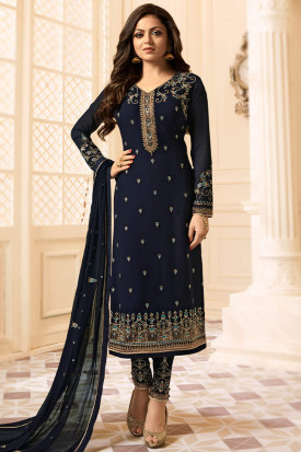 Embroidered georgette abaya style suit in navy blue online